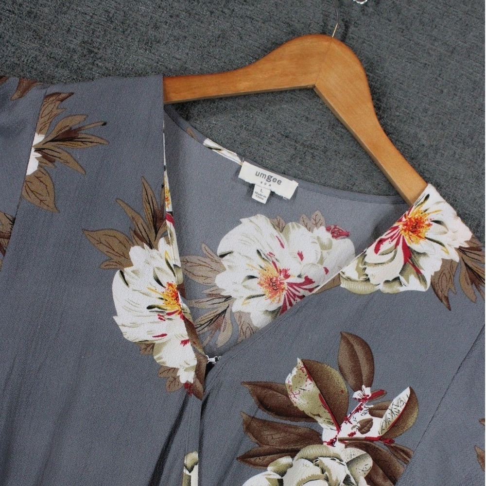 Umgee USA Floral Surplice Romper Gray Red White Ruffle Hem R7523 Size L